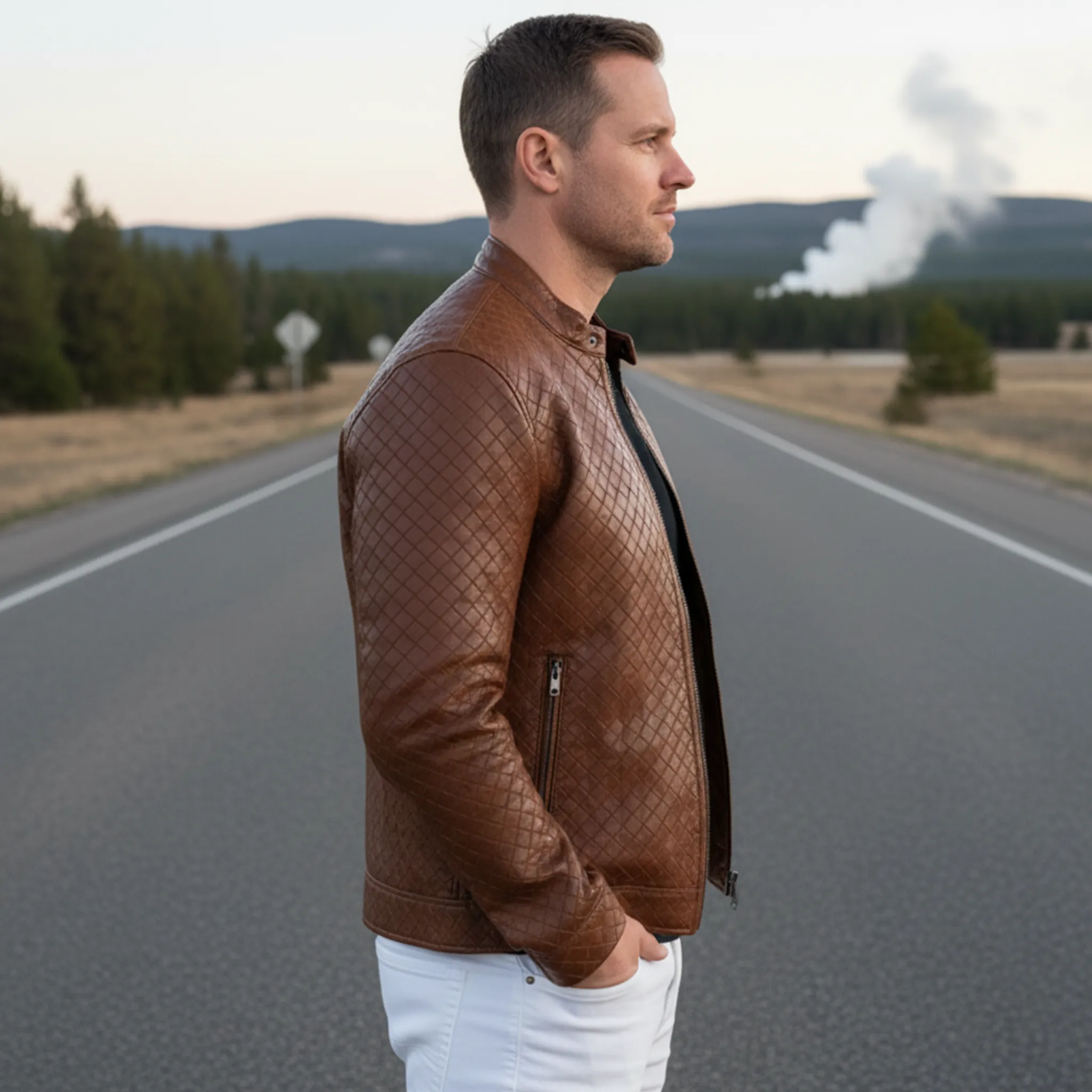 Men's Classic Retro Stand Collar Plaid Texture PU Leather Zipper Jacket MTA1644I8K sold by Manly product image thumbnail 4