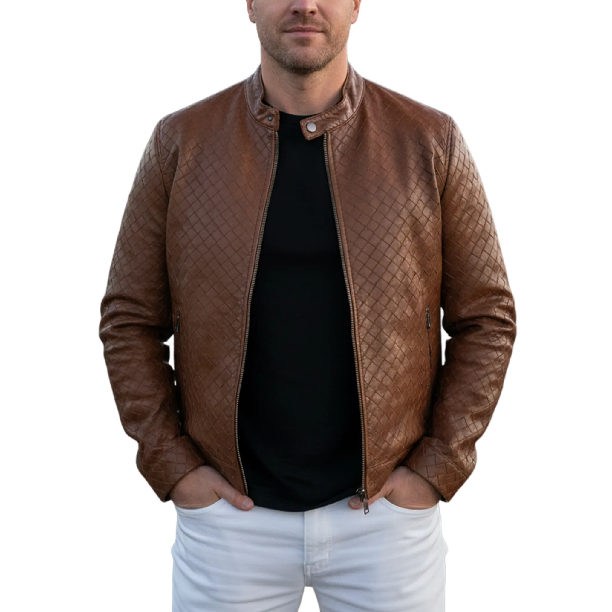 Men's Classic Retro Stand Collar Plaid Texture PU Leather Zipper Jacket MTA1644I8K sold by Manly