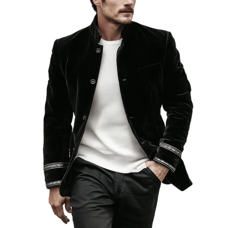 Men's Classic Retro Stand-up Collar Embroidered Velvet Jacket MTA1662I5K sold by Manly