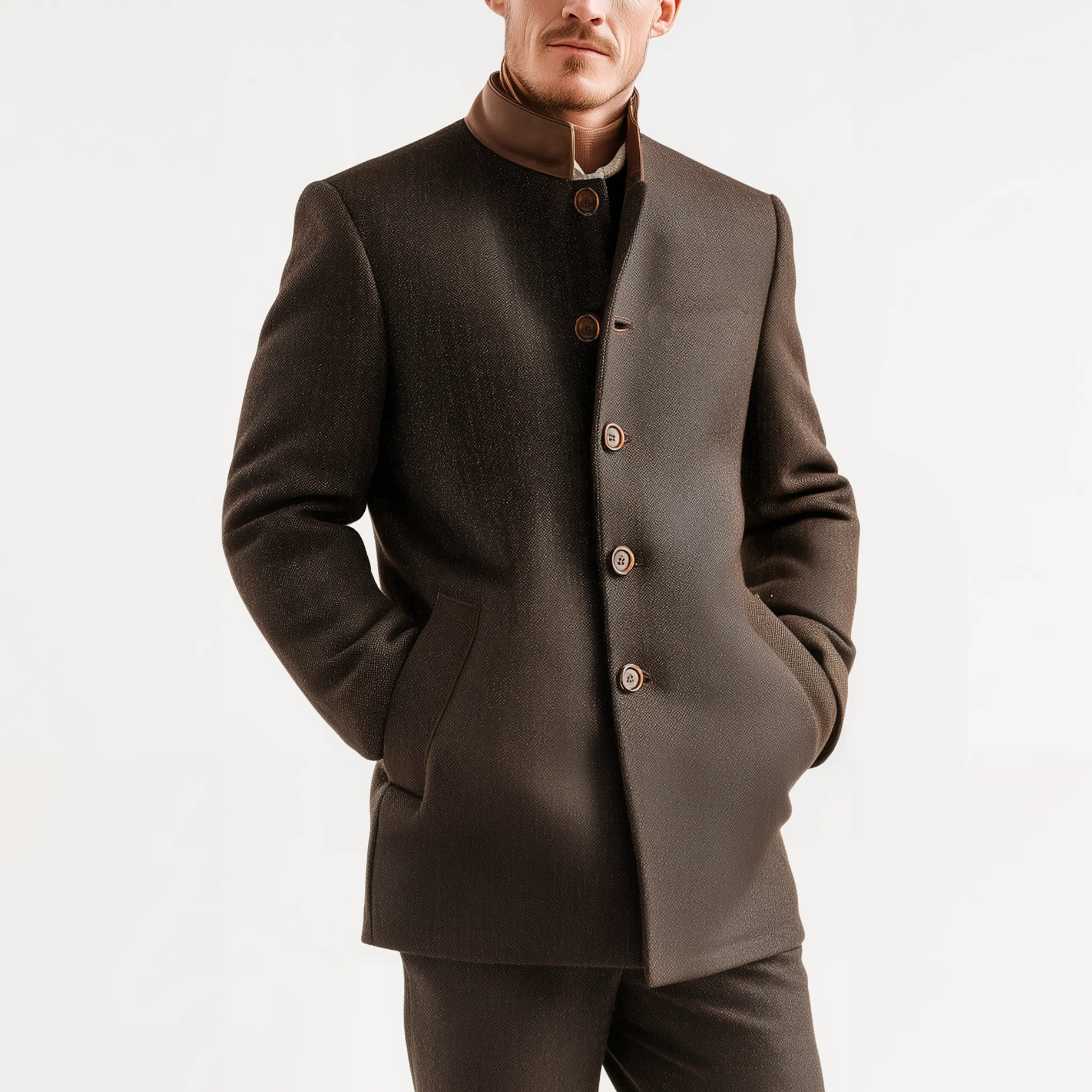 Men's Classic Retro PU Leather Stand Collar Herringbone Woolen Slim Fit Jacket MTA1675I8K sold by Manly product image thumbnail 2