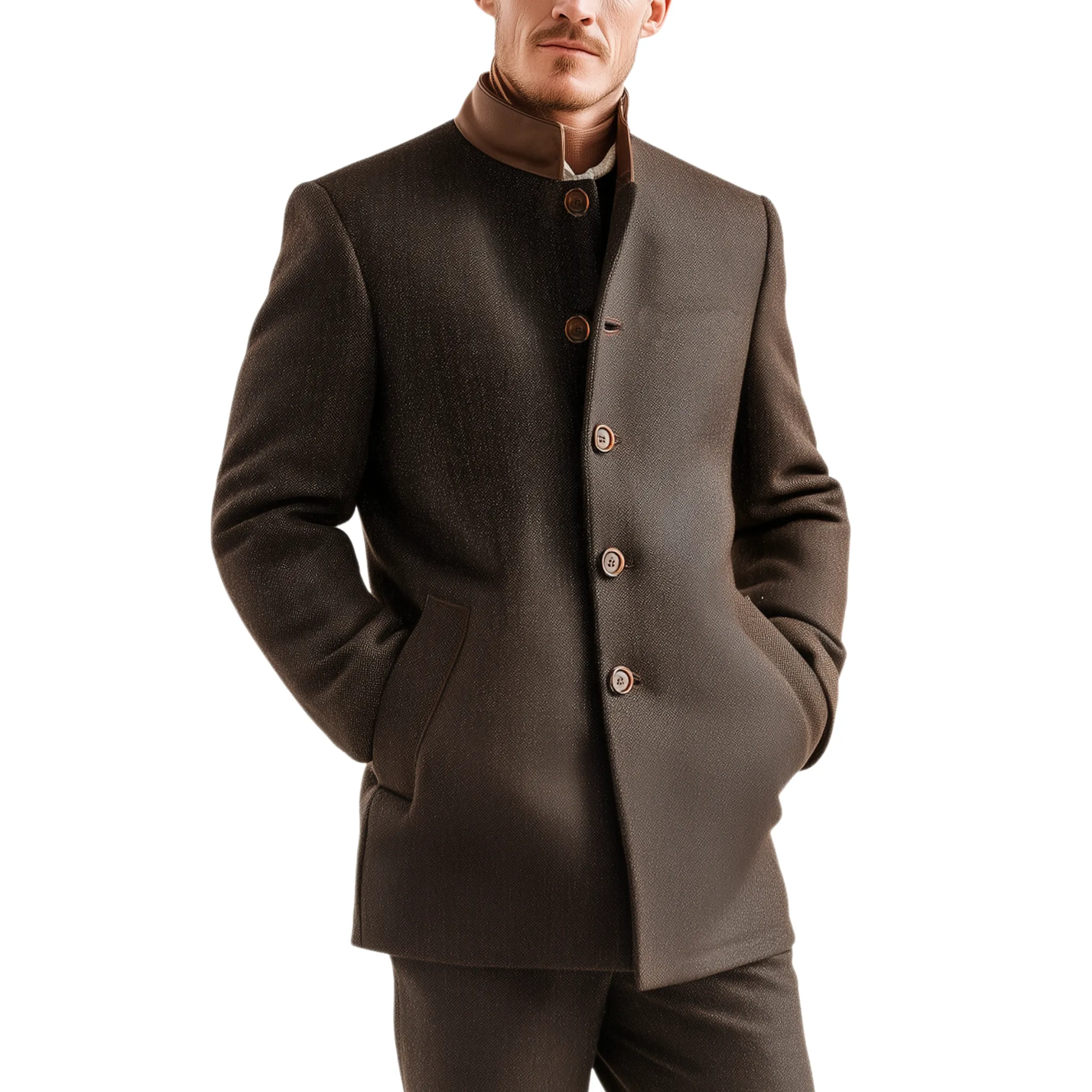 Men's Classic Retro PU Leather Stand Collar Herringbone Woolen Slim Fit Jacket MTA1675I8K sold by Manly