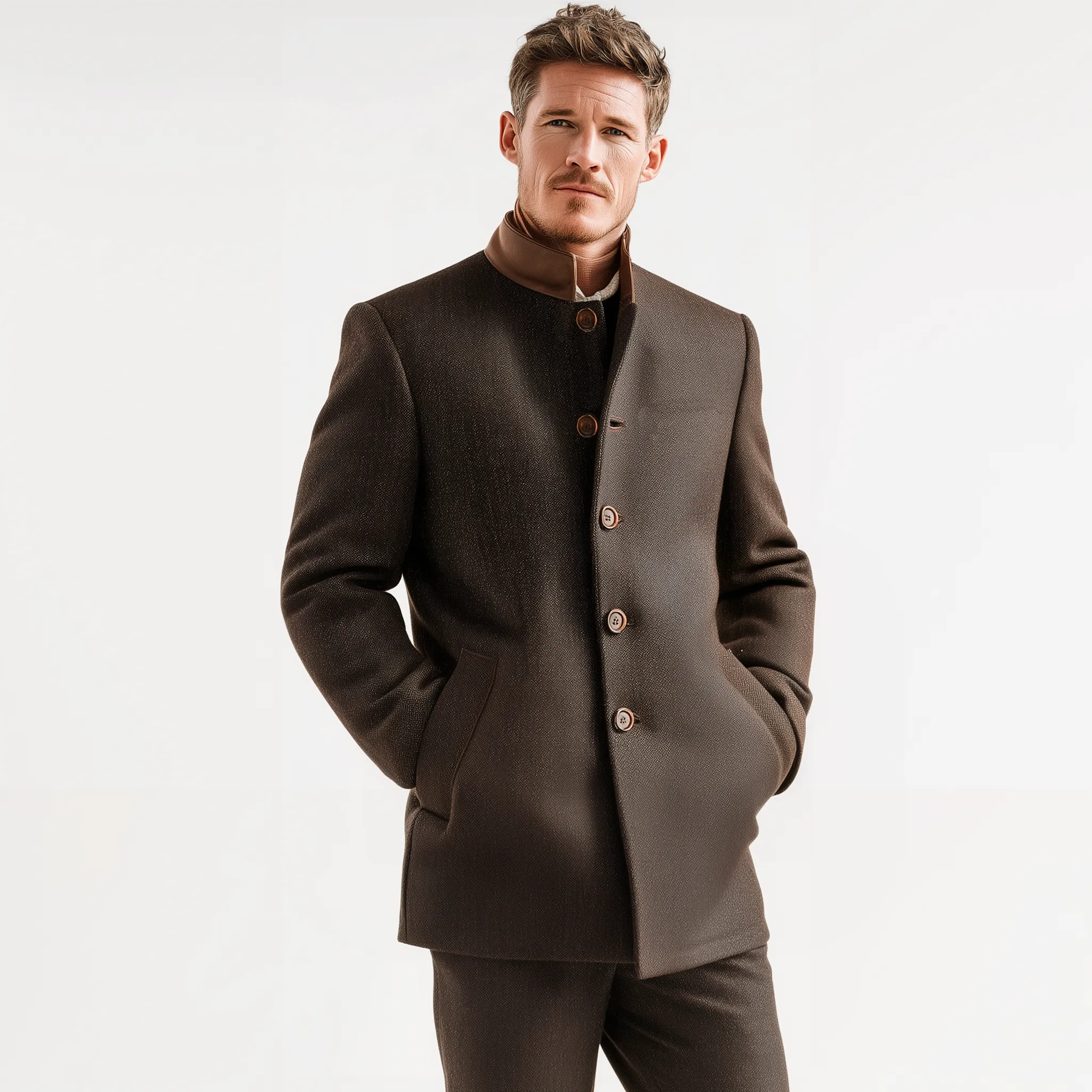 Men's Classic Retro PU Leather Stand Collar Herringbone Woolen Slim Fit Jacket MTA1675I8K sold by Manly product image thumbnail 3