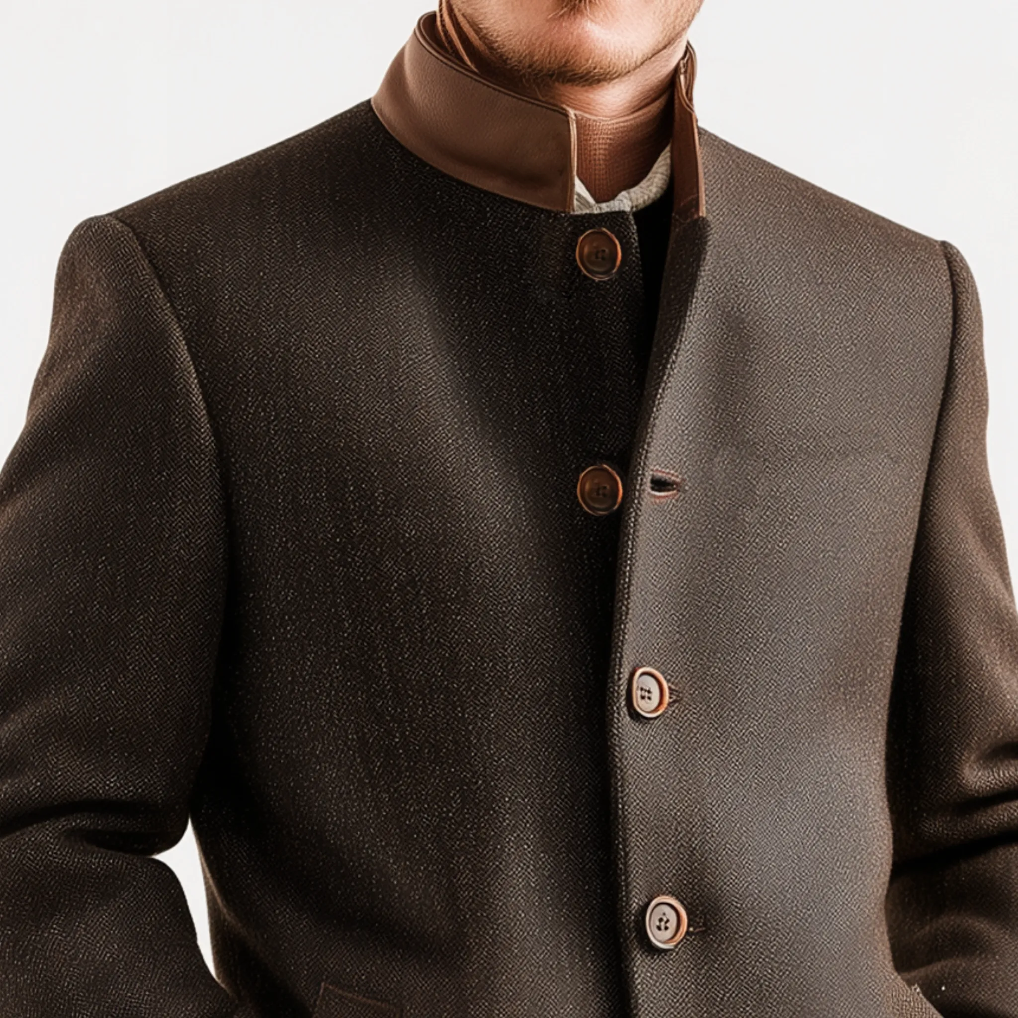 Men's Classic Retro PU Leather Stand Collar Herringbone Woolen Slim Fit Jacket MTA1675I8K sold by Manly product image thumbnail 4