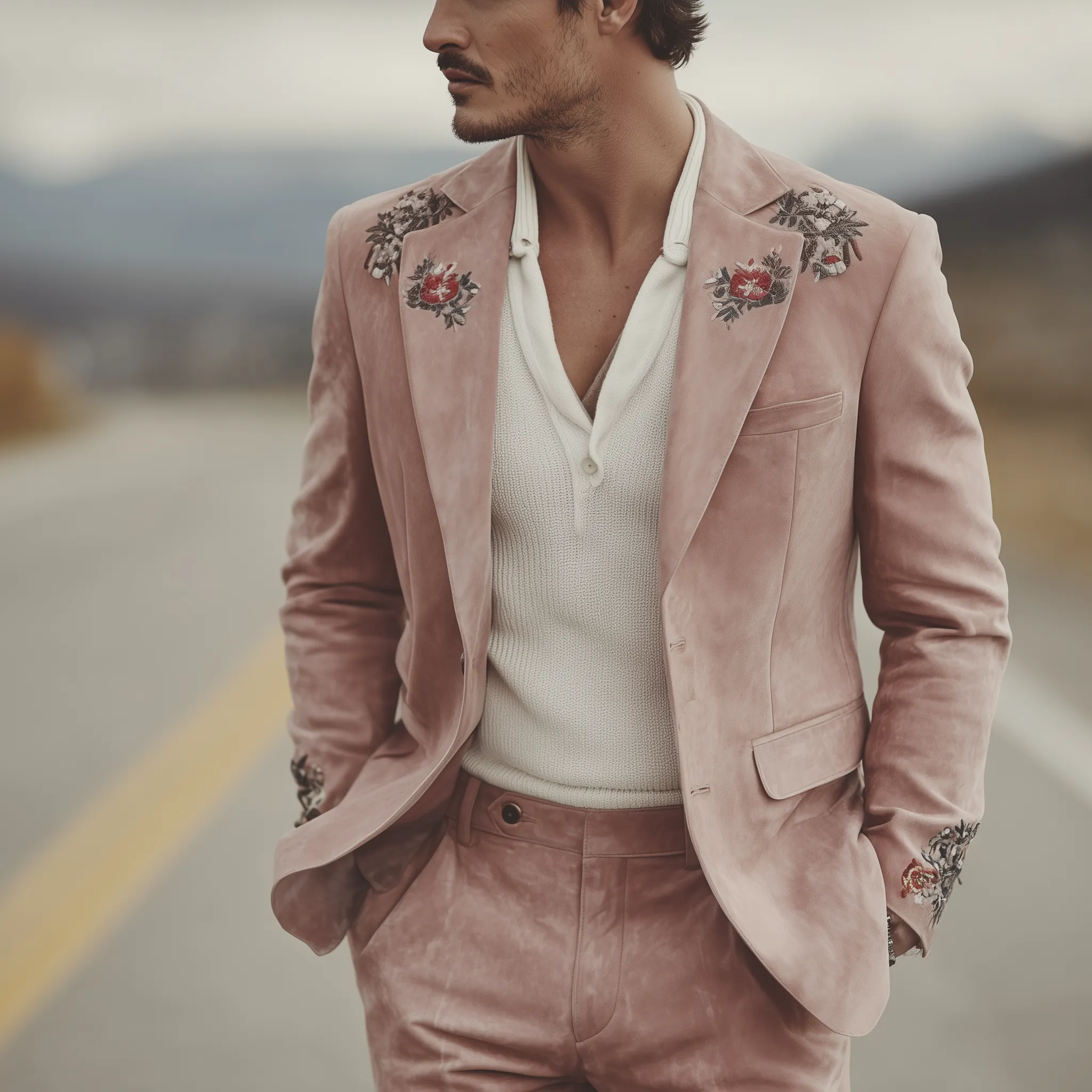Men's Classic Vintage Embroidered Pink Suede Single-breasted Blazer MTA1547I8K sold by Manly product image thumbnail 2