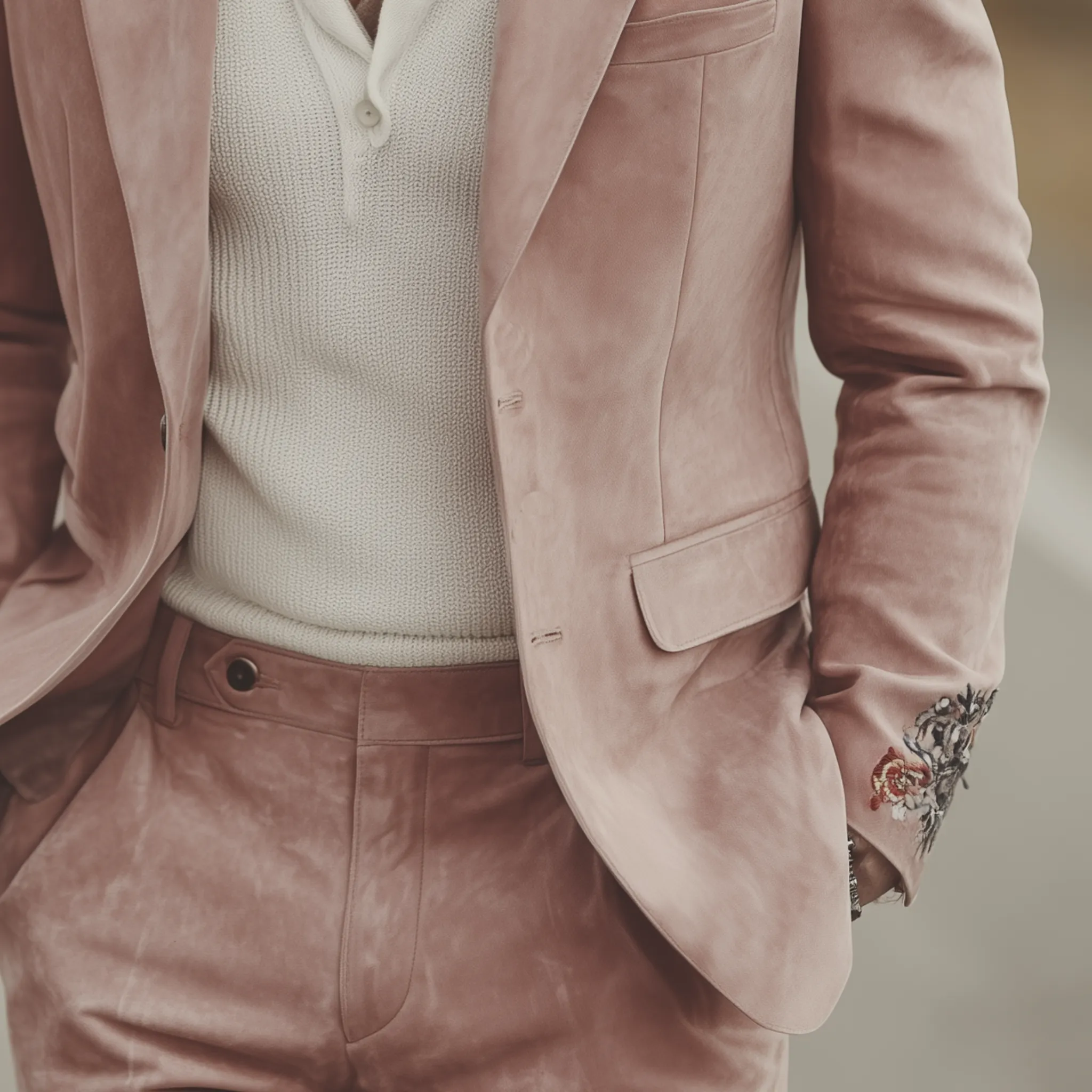 Men's Classic Vintage Embroidered Pink Suede Single-breasted Blazer MTA1547I8K sold by Manly product image thumbnail 4