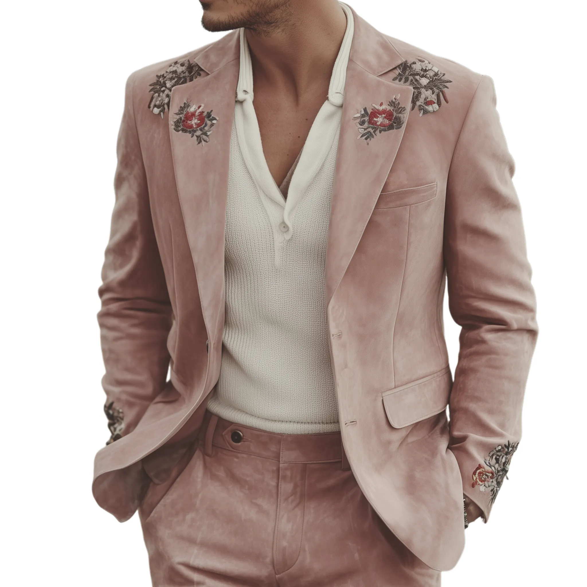 Men's Classic Vintage Embroidered Pink Suede Single-breasted Blazer MTA1547I8K sold by Manly