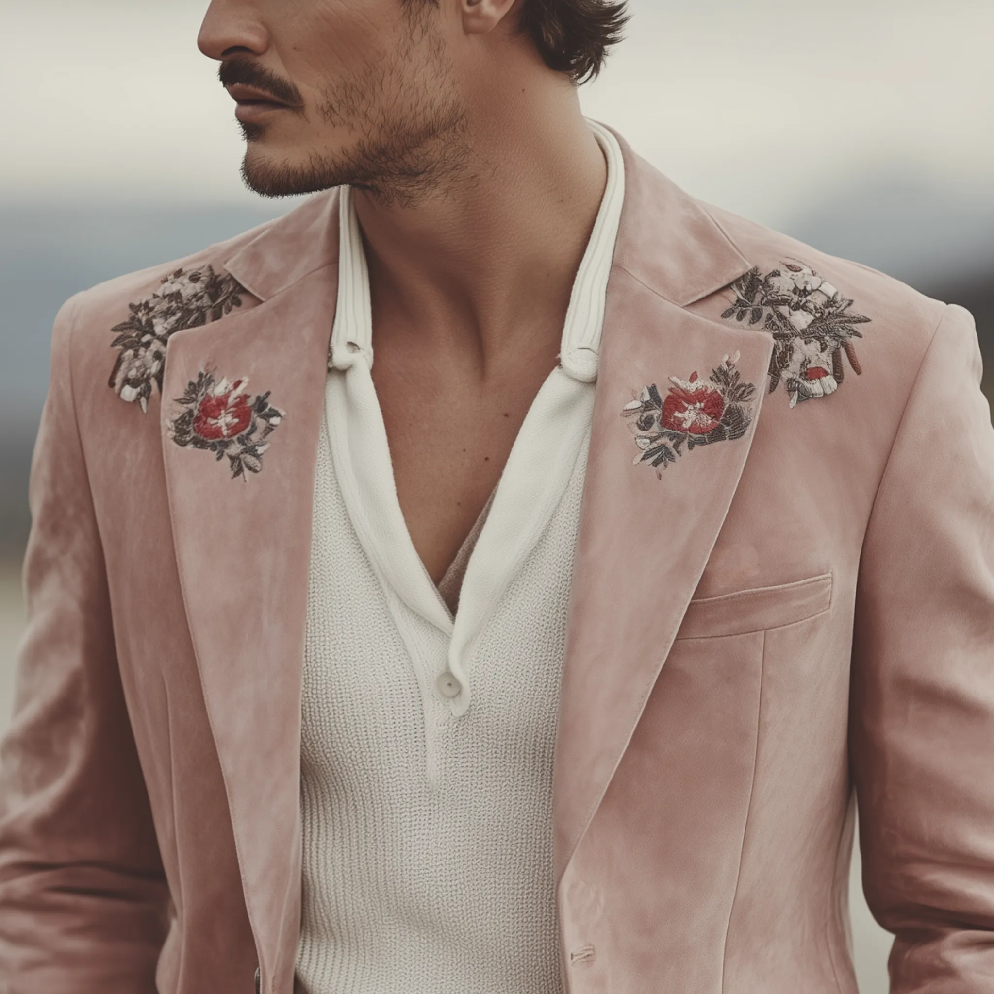 Men's Classic Vintage Embroidered Pink Suede Single-breasted Blazer MTA1547I8K sold by Manly product image thumbnail 3