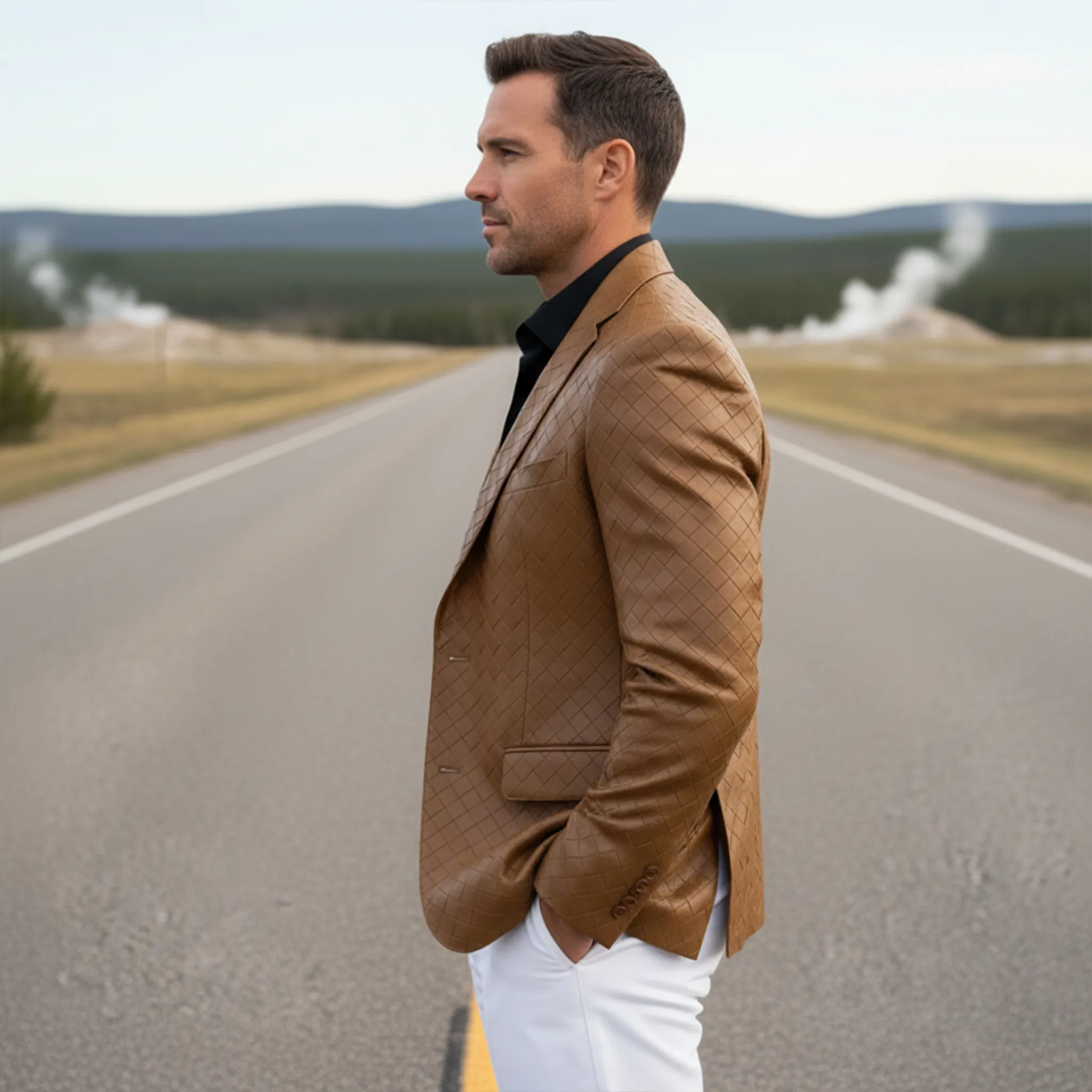 Men's Classic Retro Check Texture PU Leather Slim Fit Single-breasted Blazer MTA1647I9K sold by Manly product image thumbnail 4