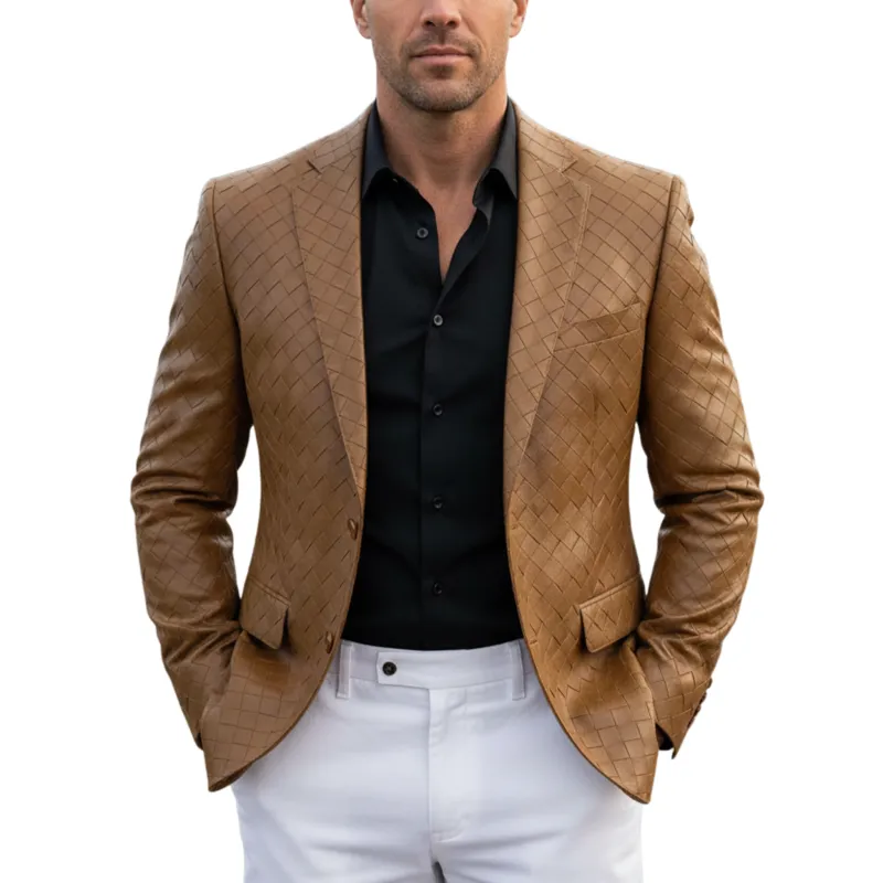 Men's Classic Retro Check Texture PU Leather Slim Fit Single-breasted Blazer MTA1647I9K sold by Manly