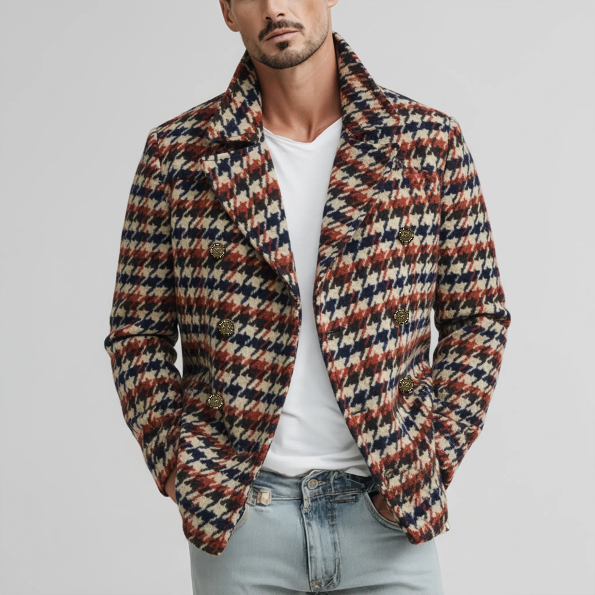 Men's Classic Retro Lapel Houndstooth Faux Wool Double-breasted Jacket MTA1856I5K sold by Manly product image thumbnail 2