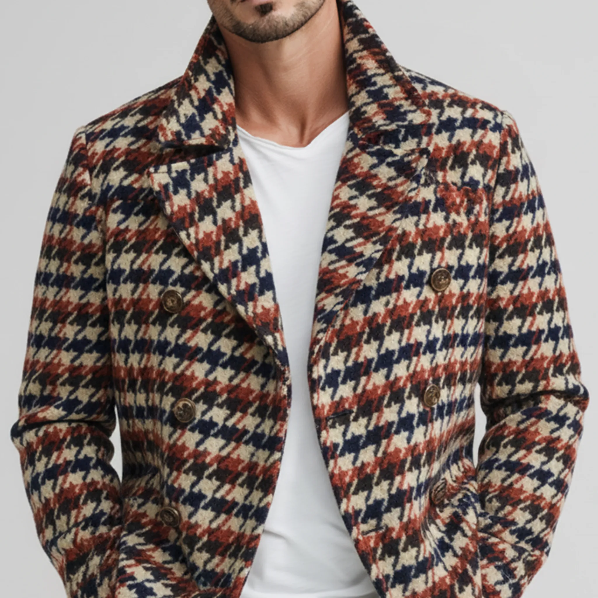 Men's Classic Retro Lapel Houndstooth Faux Wool Double-breasted Jacket MTA1856I5K sold by Manly product image thumbnail 5