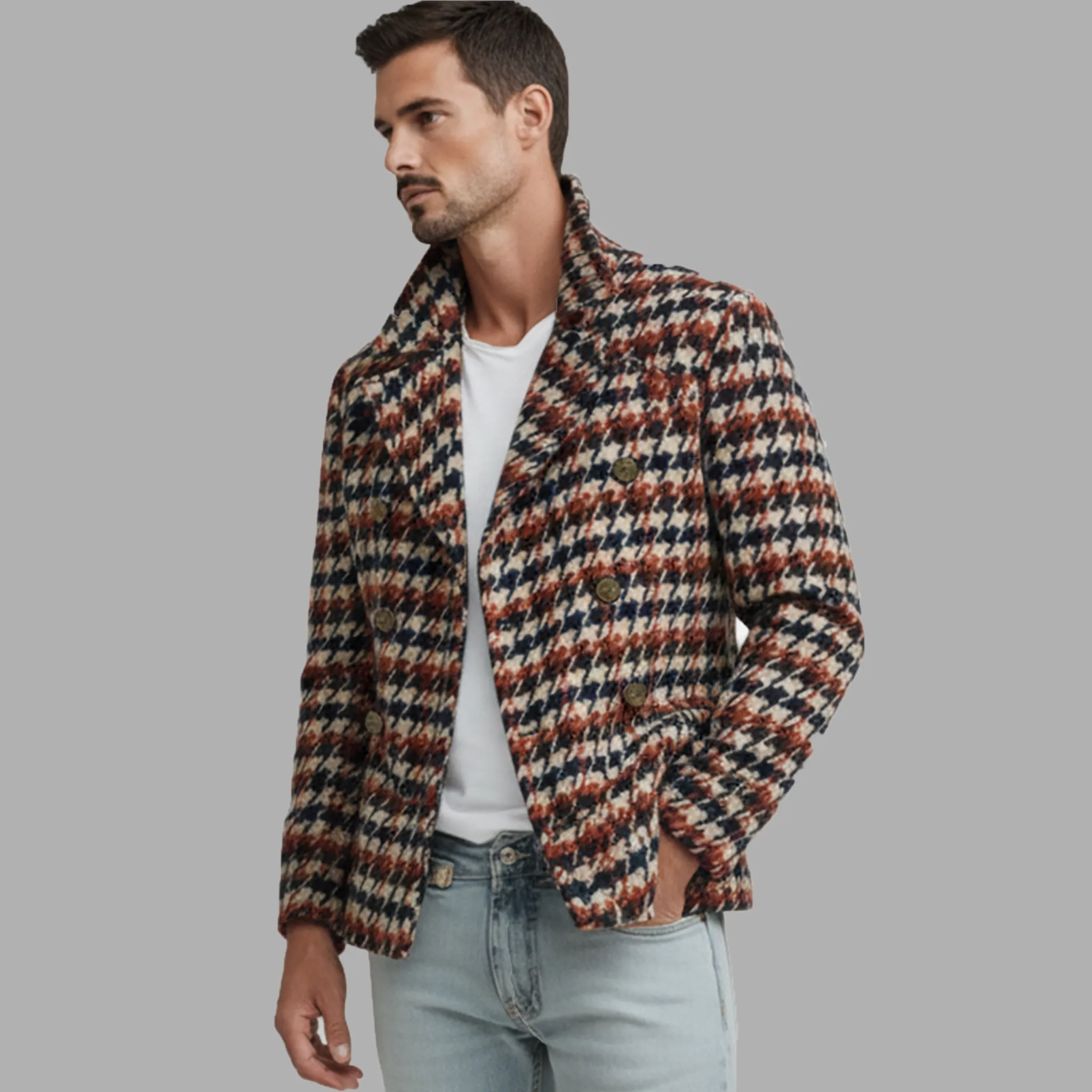Men's Classic Retro Lapel Houndstooth Faux Wool Double-breasted Jacket MTA1856I5K sold by Manly product image thumbnail 3