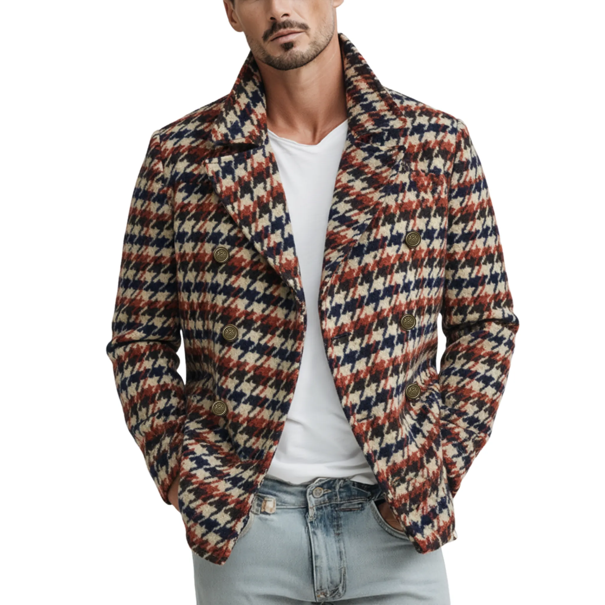 Men's Classic Retro Lapel Houndstooth Faux Wool Double-breasted Jacket MTA1856I5K sold by Manly