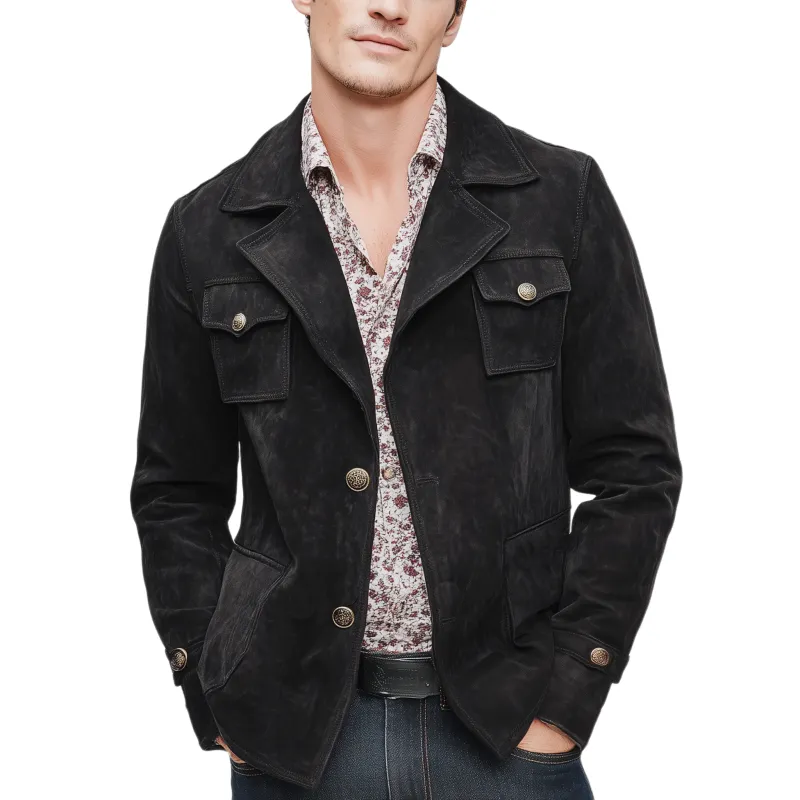 Men's Classic Vintage Lapel Multi-Pocket Faux Suede Single-Breasted Jacket MTA1947I0K sold by Manly