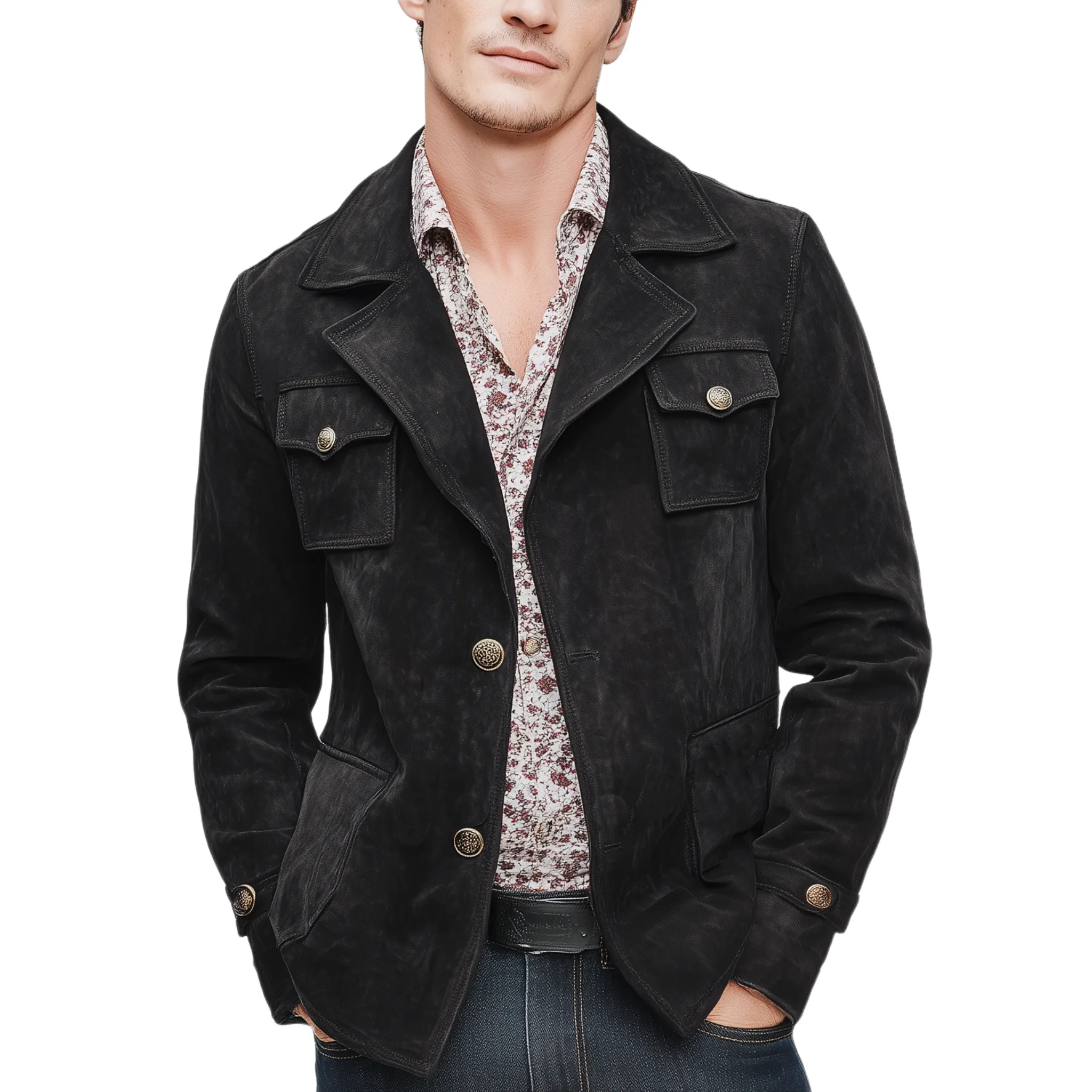 Men's Classic Vintage Lapel Multi-Pocket Faux Suede Single-Breasted Jacket MTA1947I0K sold by Manly