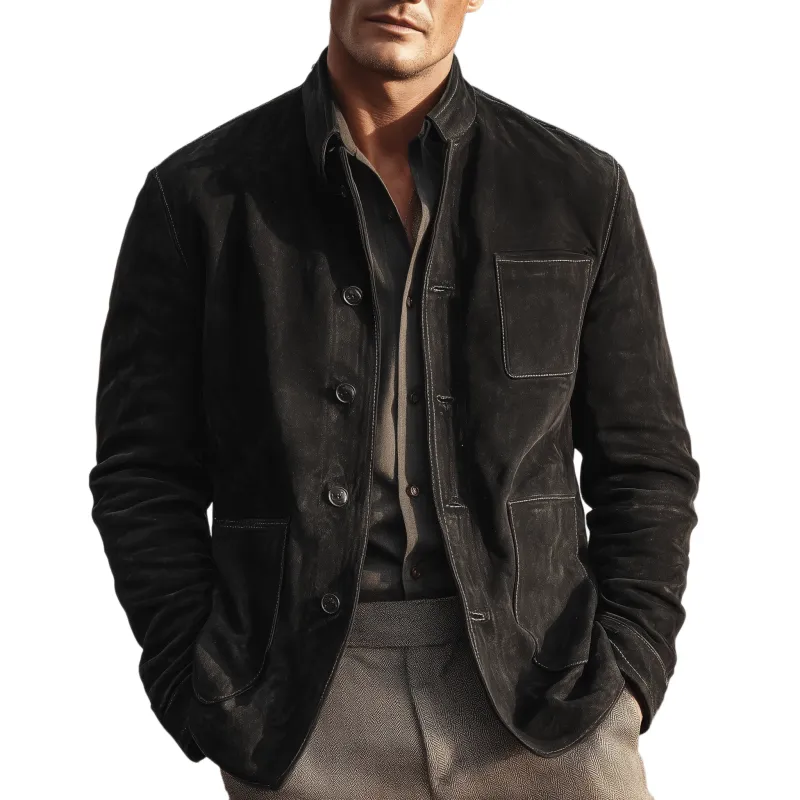 Men's Classic Vintage Stand Collar Multi-Pocket Faux Suede Single-Breasted Jacket MTA1963I1K sold by Manly