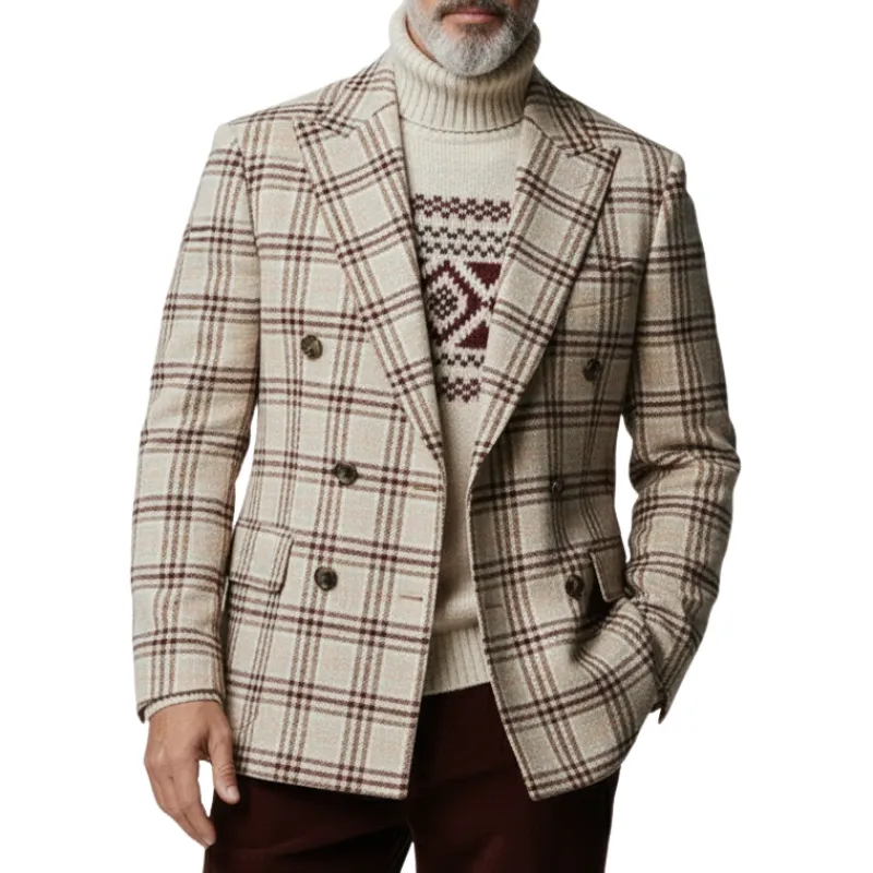 Men's Classic Casual Plaid Faux Wool Double-breasted Blazer  MTA1975I5K sold by Manly