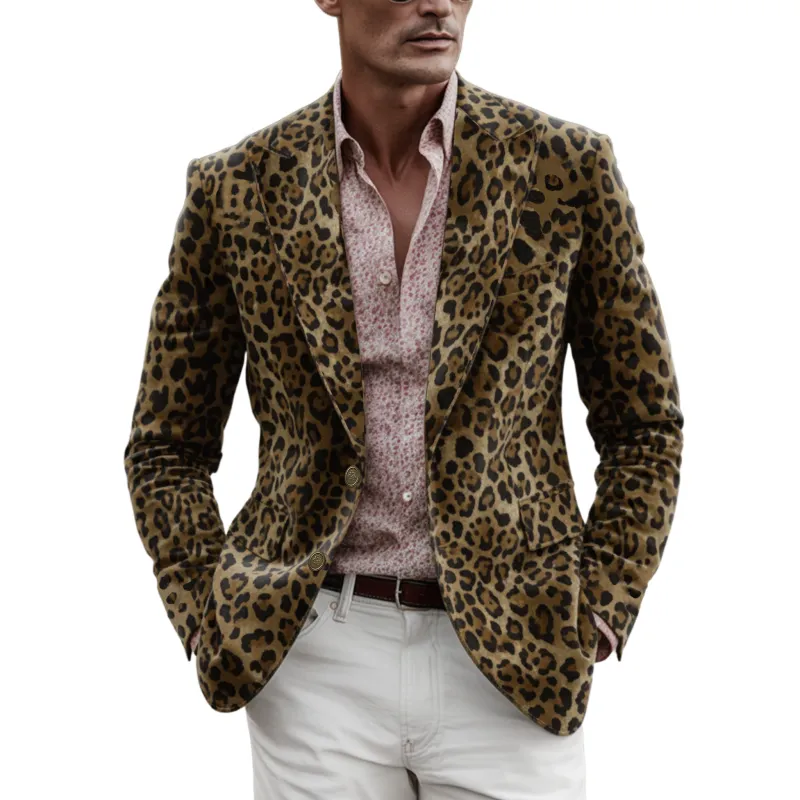 Men's Classic Western Vintage Leopard Faux Suede Single-Breasted Slim-Fit Blazer MTA1803I1K sold by Manly