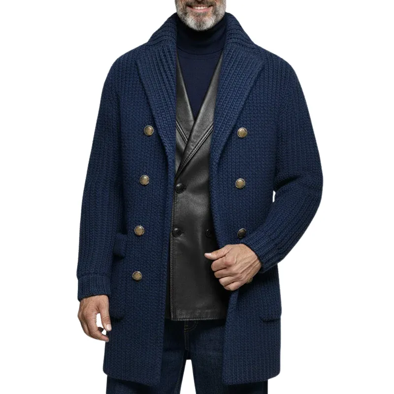 Men's Classic Casual Lapel Double-breasted Long-leg To Thigh Knit Cardigan MTA1943I2K sold by Manly