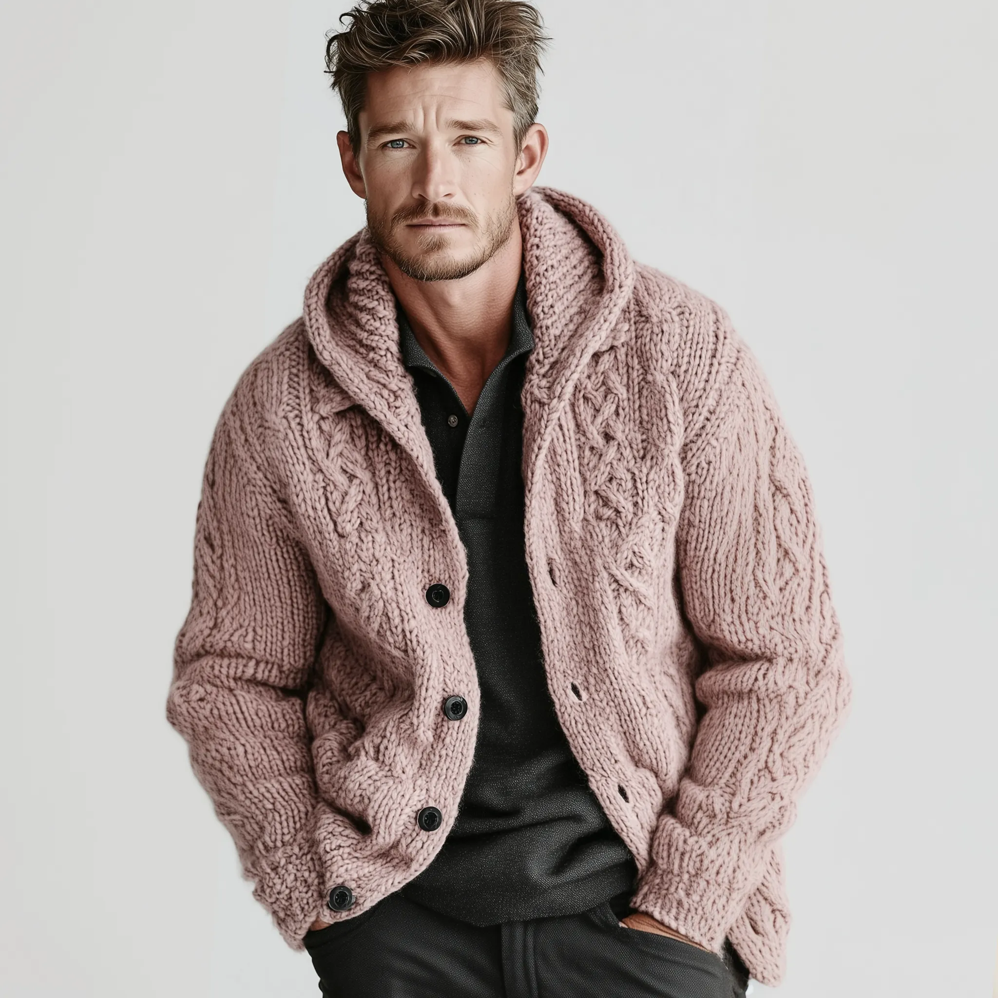 Men's Classic Casual Hooded Single-breasted Pink Jacquard Knit Cardigan MTA1912I8K sold by Manly product image thumbnail 3