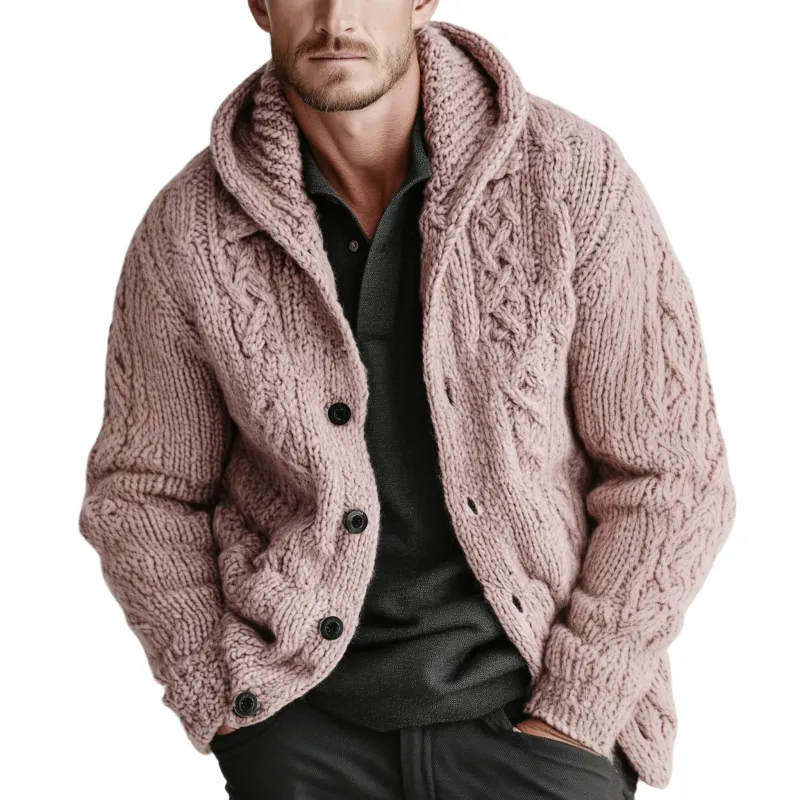 Men's Classic Casual Hooded Single-breasted Pink Jacquard Knit Cardigan MTA1912I8K sold by Manly