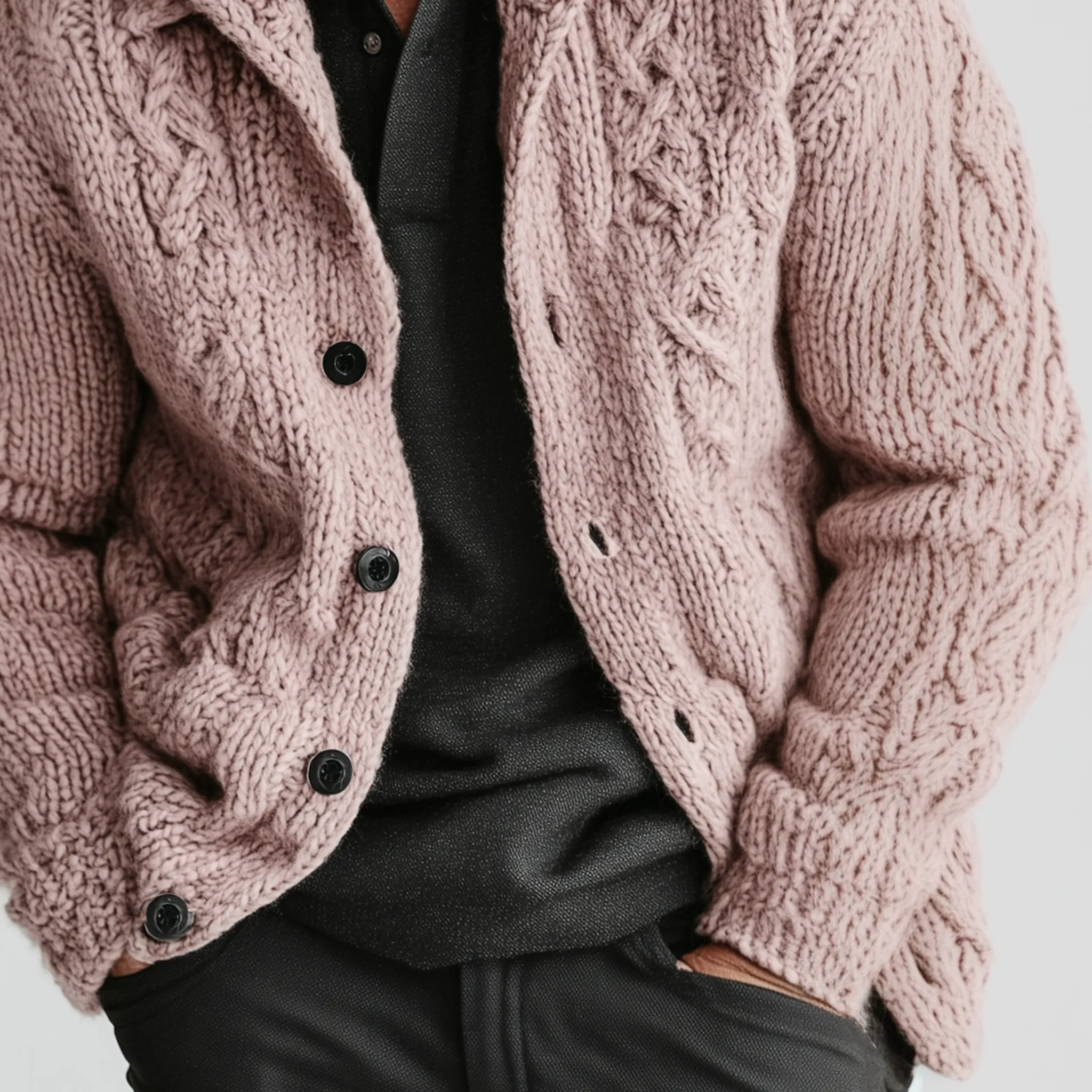 Men's Classic Casual Hooded Single-breasted Pink Jacquard Knit Cardigan MTA1912I8K sold by Manly product image thumbnail 5