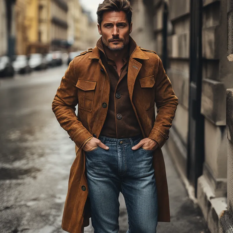 Men's Vintage Faux Suede Lapel Long Trench Coat MTA1839I0X sold by Manly product image thumbnail 4