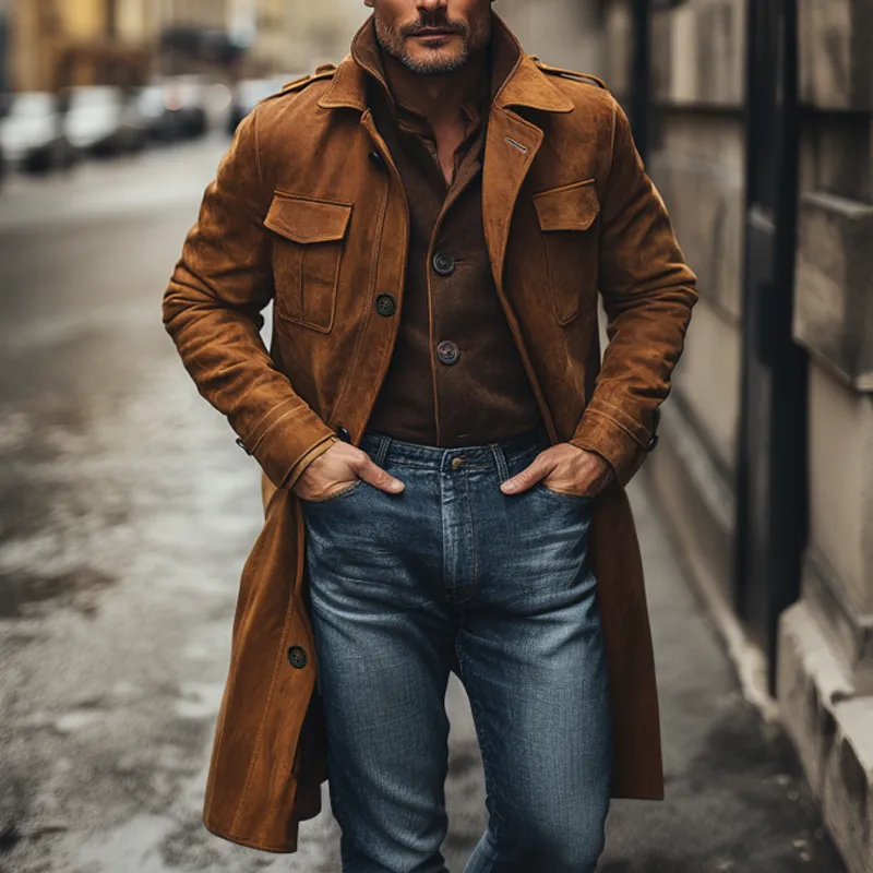 Men's Vintage Faux Suede Lapel Long Trench Coat MTA1839I0X sold by Manly product image thumbnail 2