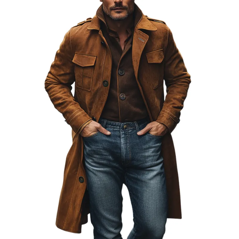 Men's Vintage Faux Suede Lapel Long Trench Coat MTA1839I0X sold by Manly