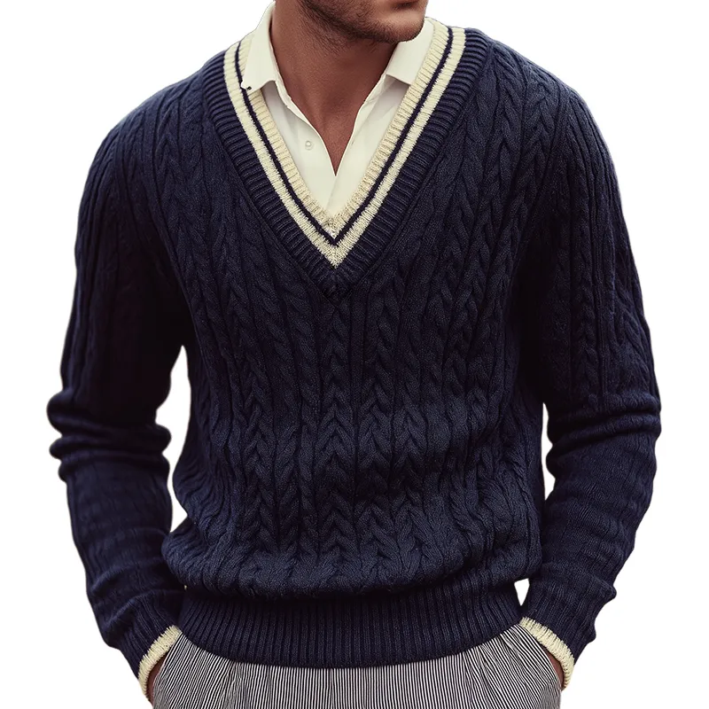 Men's Retro Casual Cable Knitted College Style V-Neck Sweater MTA1898I6TO sold by Manly