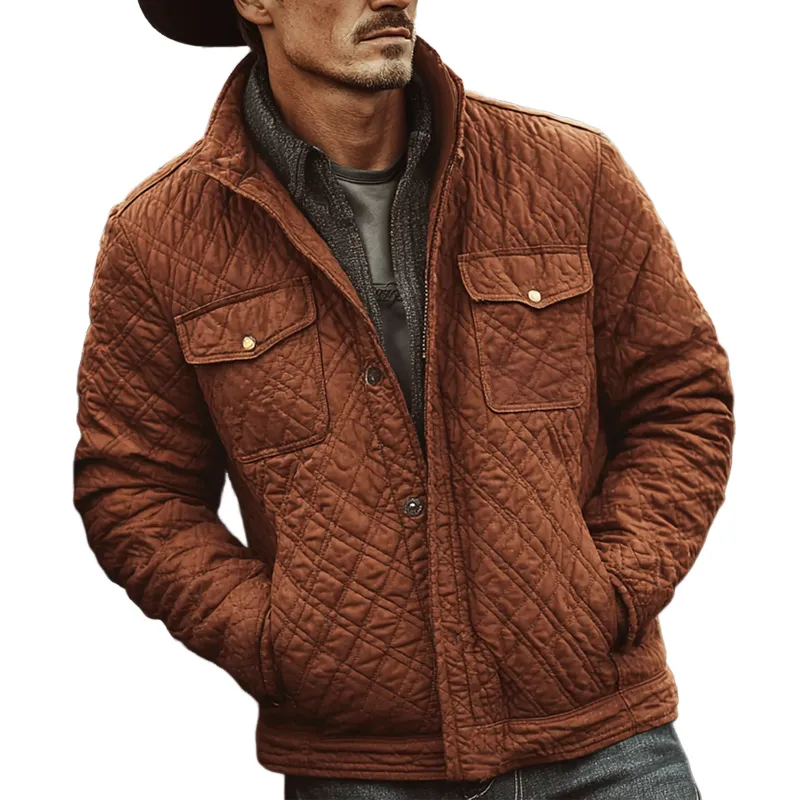 Men's Solid Stand Collar Chest Pocket Quilted Padded Jacket MTA1927I7Z sold by Manly