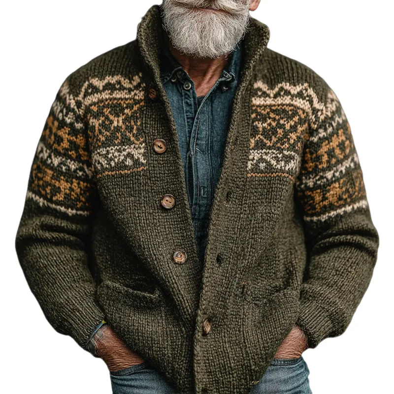 Men's Vintage Graphic Knit Stand Collar Single Breasted Casual Cardigan MTA1889I0Z sold by Manly