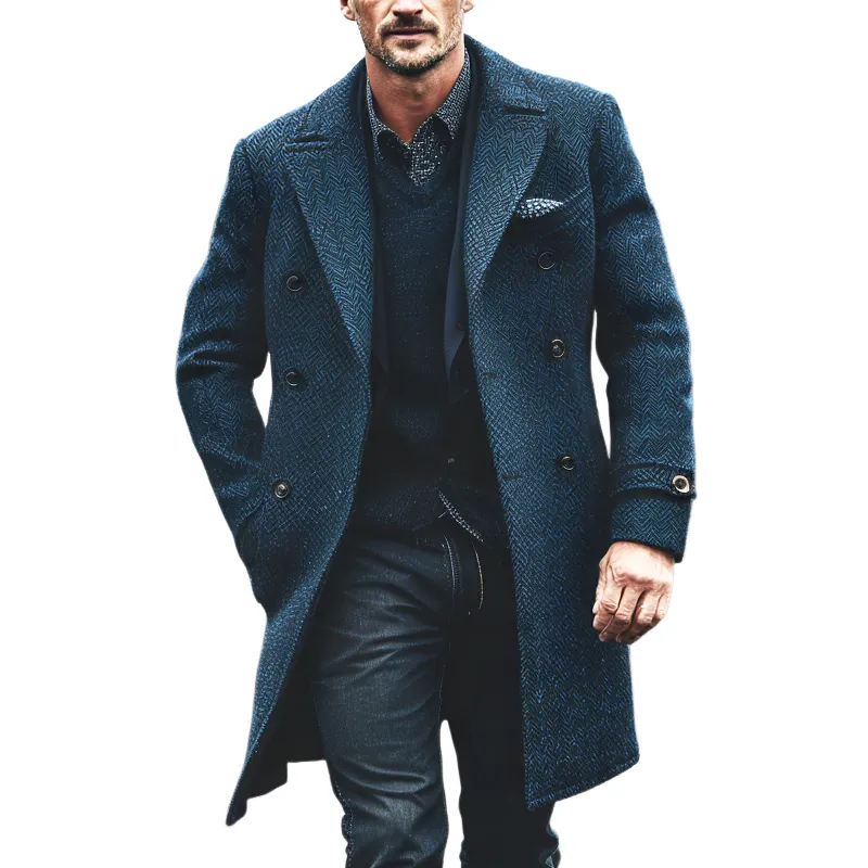 Men's Vintage Herringbone Lapel Double Breasted Mid-length Coat MTA1868I5Z sold by Manly