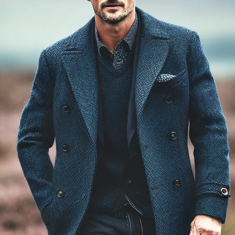 Men's Vintage Herringbone Lapel Double Breasted Mid-length Coat MTA1868I5Z sold by Manly product image thumbnail 3