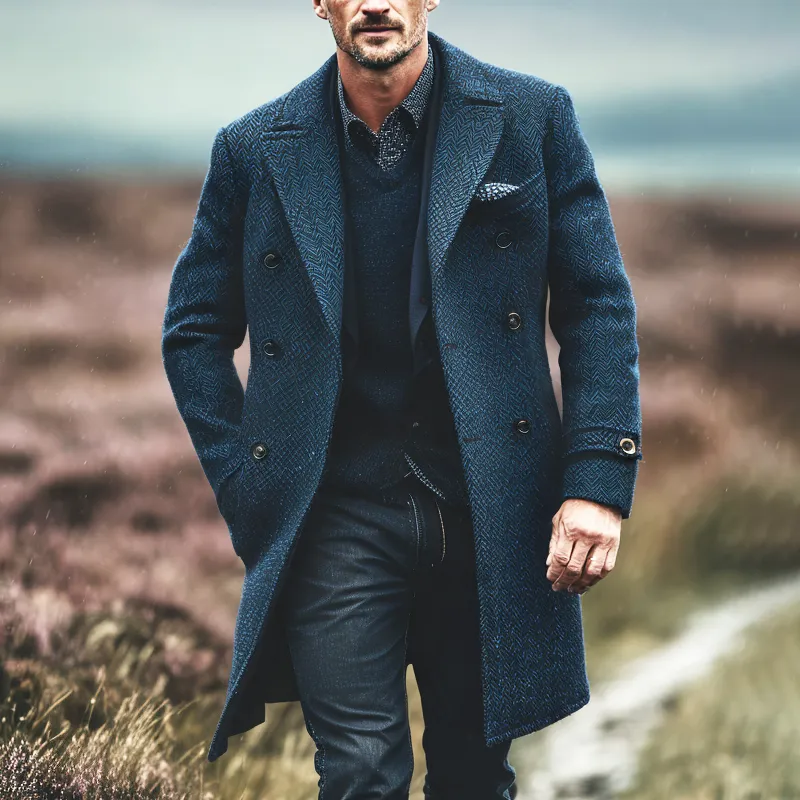 Men's Vintage Herringbone Lapel Double Breasted Mid-length Coat MTA1868I5Z sold by Manly product image thumbnail 2