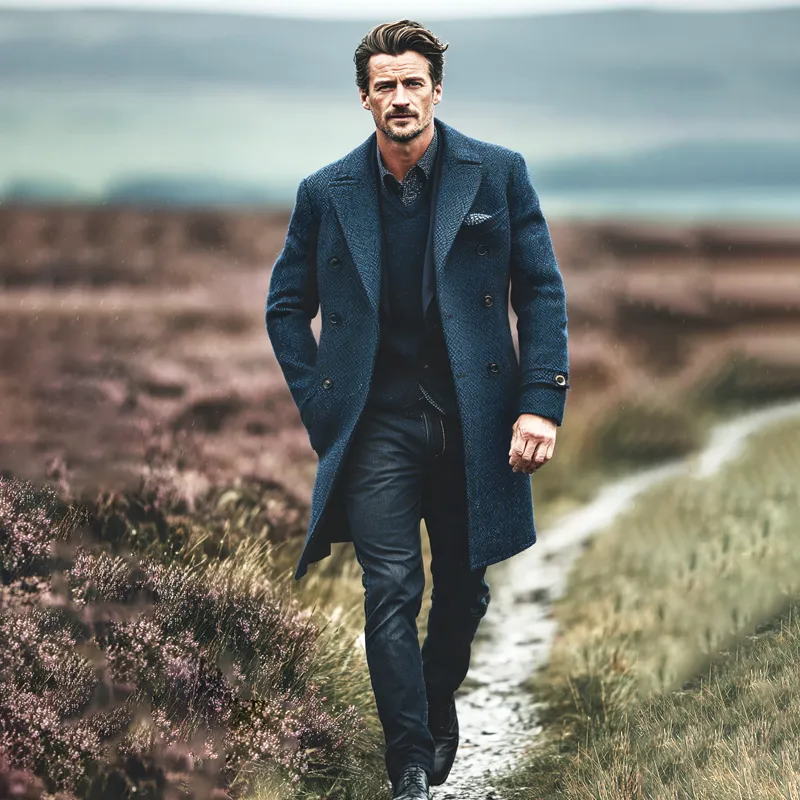 Men's Vintage Herringbone Lapel Double Breasted Mid-length Coat MTA1868I5Z sold by Manly product image thumbnail 4