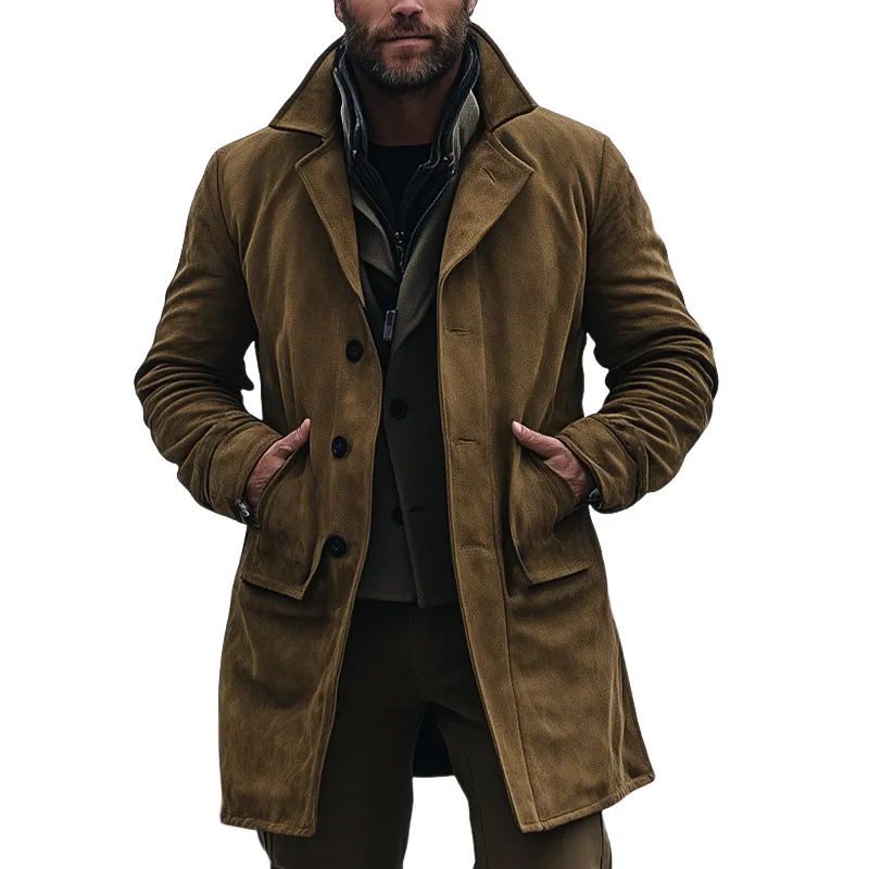 Men's Retro Solid Color Faux Suede Lapel Mid-Length Coat MTA1873I8X sold by Manly