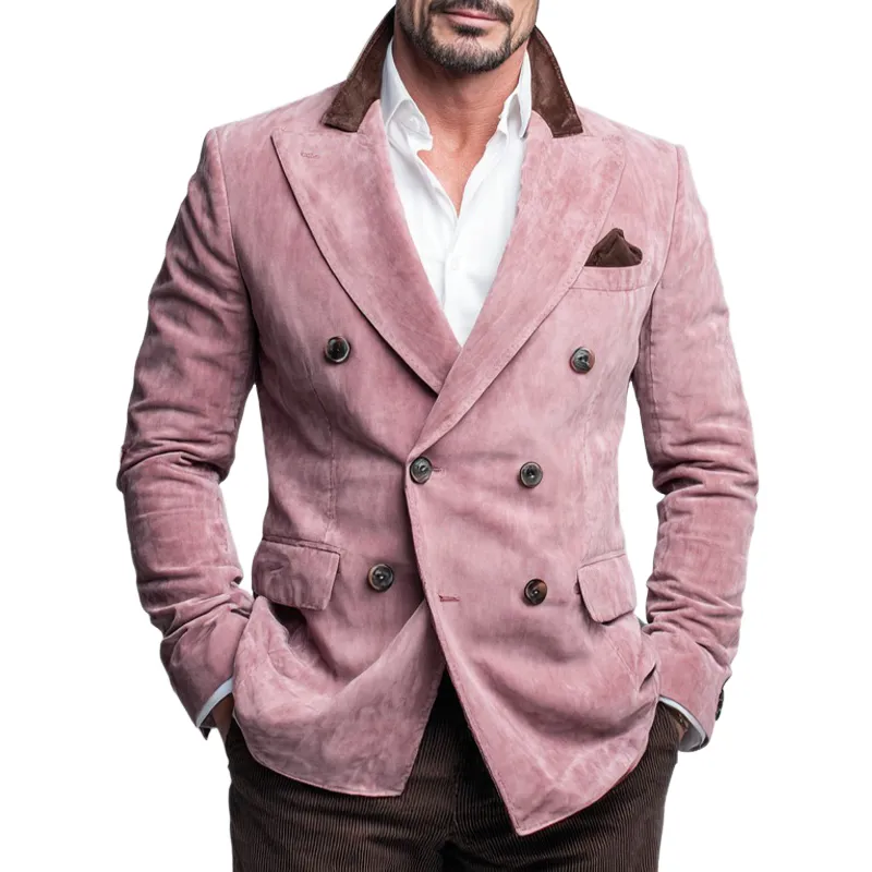 Men's Vintage Faux Suede Contrast Color Double Breasted Blazer MTA1965I0X sold by Manly