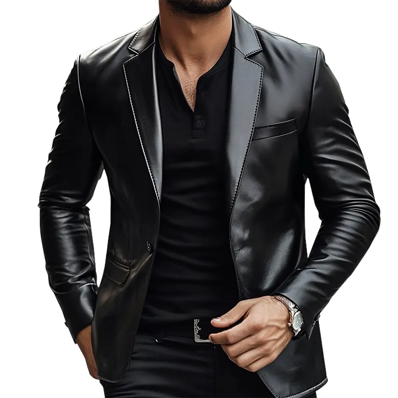 Men's Solid Color Lapel Casual PU Blazer MTA1924I8X sold by Manly