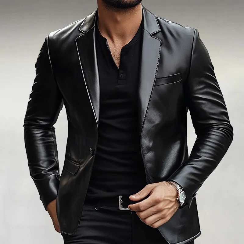 Men's Solid Color Lapel Casual PU Blazer MTA1924I8X sold by Manly product image thumbnail 2