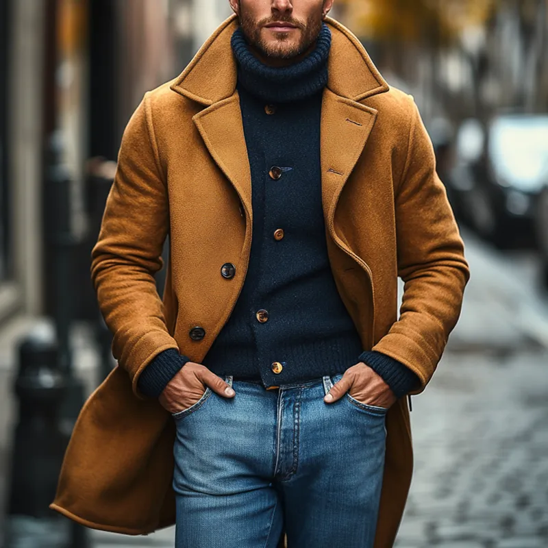 Men's Solid Color Casual Lapel Single-breasted Imitation Blended Wool Coat MTA1808I9X sold by Manly product image thumbnail 2