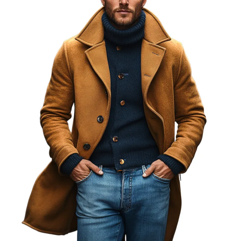 Men's Solid Color Casual Lapel Single-breasted Imitation Blended Wool Coat MTA1808I9X sold by Manly