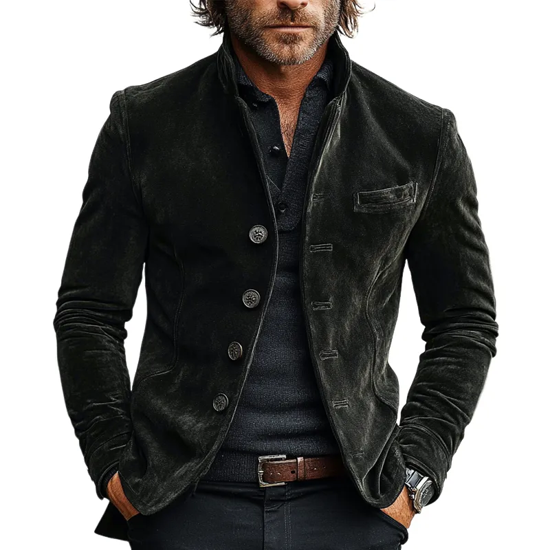 Men's Vintage Solid Color Stand Collar Single Breasted Jacket MTA1870I9X sold by Manly