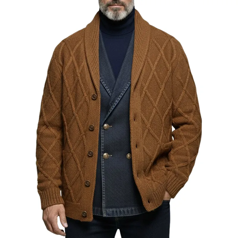 Men's Retro Plaid Jacquard Solid Color Lapel Knitted Start MTA1965I7X sold by Manly