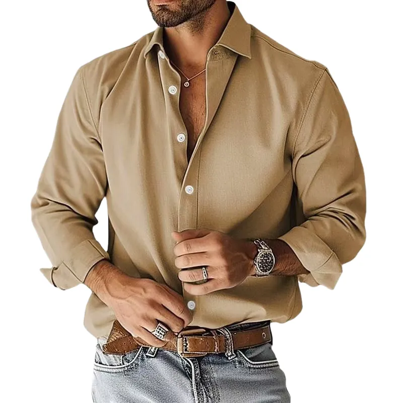 Men's Solid Color Cotton Blend Lapel Long Sleeve Shirt MTA1924I1X sold by Manly
