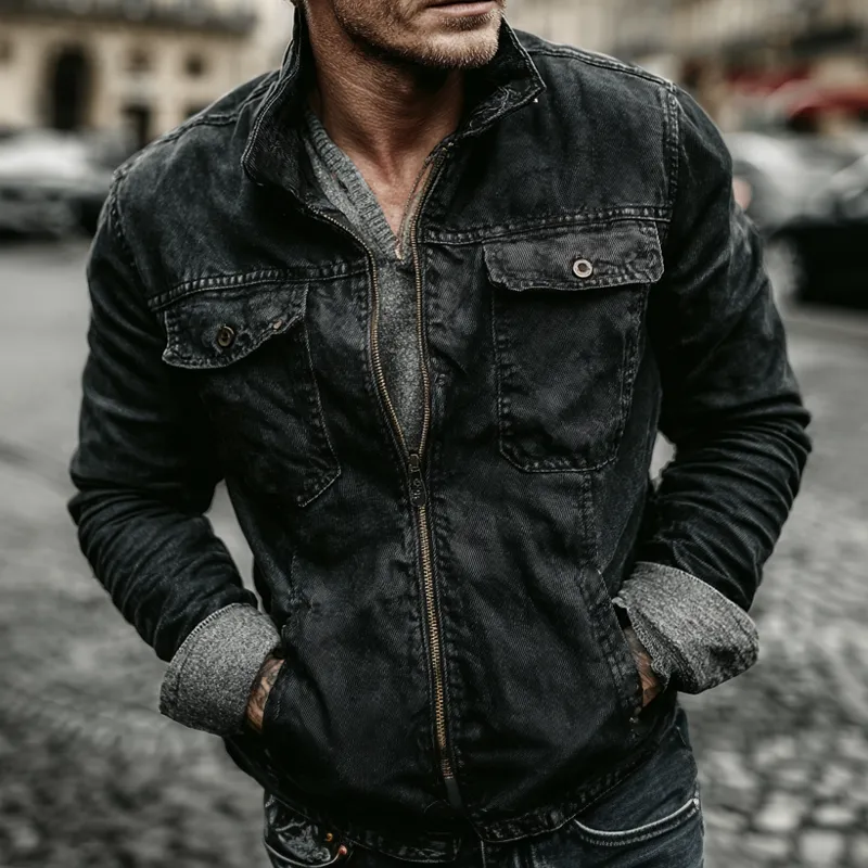 Men's Vintage Washed Lapel Zip-up Denim Jacket MTA1660I2X sold by Manly product image thumbnail 3