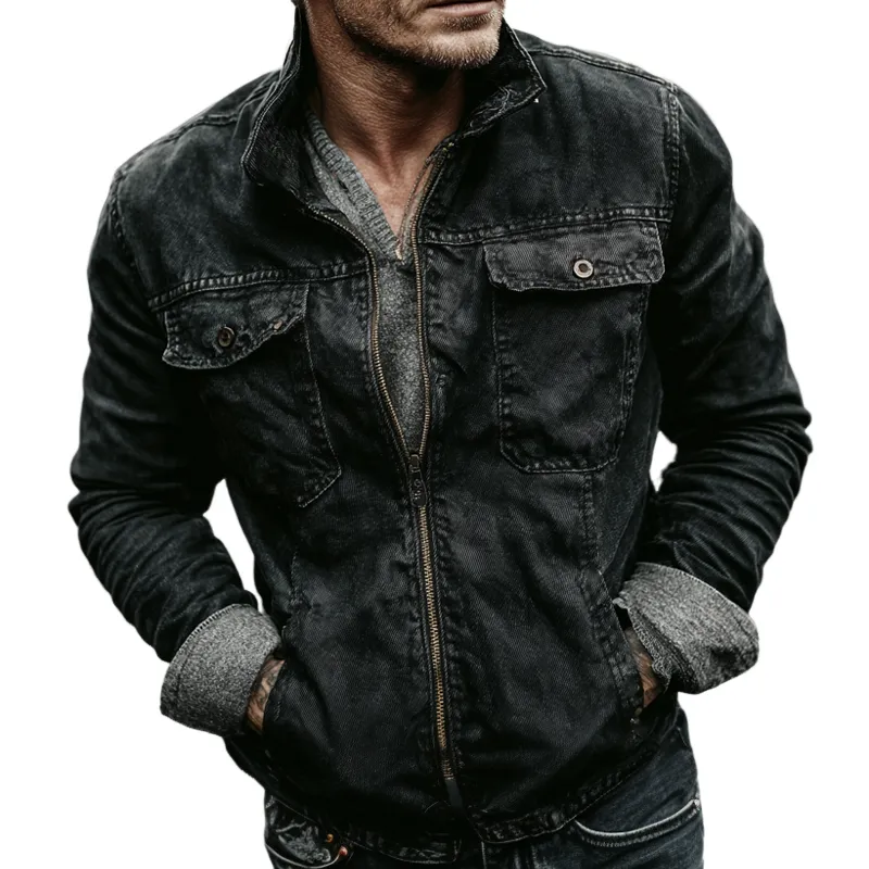 Men's Vintage Washed Lapel Zip-up Denim Jacket MTA1660I2X sold by Manly