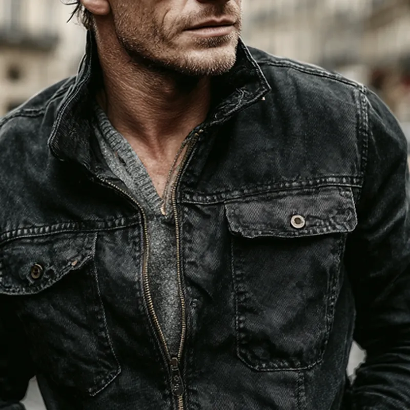 Men's Vintage Washed Lapel Zip-up Denim Jacket MTA1660I2X sold by Manly product image thumbnail 2