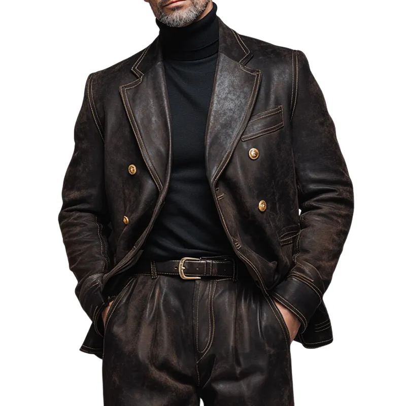 Men's Vintage Distressed PU Lapel Blazer MTA1953I3X sold by Manly