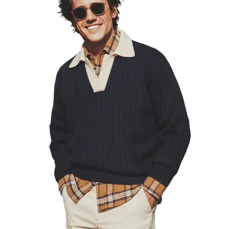 Men's Autumn And Winter Fashion Cotton Yarn Knitted Contrast Color V-neck Sweater MTA1890I1P sold by Manly